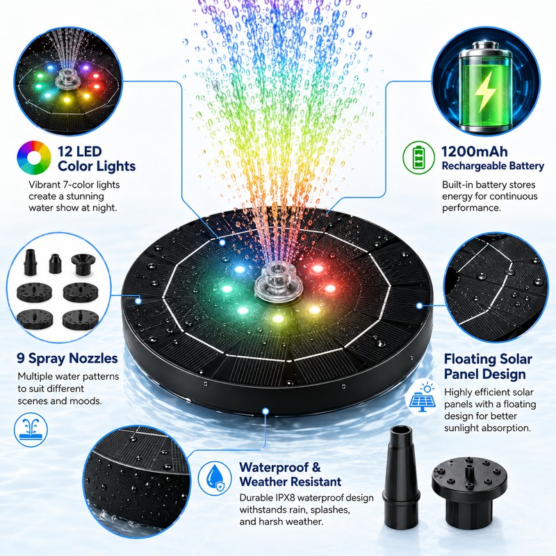 Solar Fountain Pump with LED Lights for Garden Ponds –
