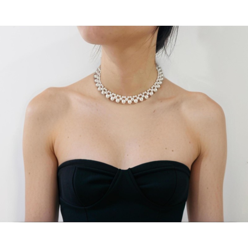 Aleasha Faux Pearl Multi Strand Necklace White Pearl Choker Women