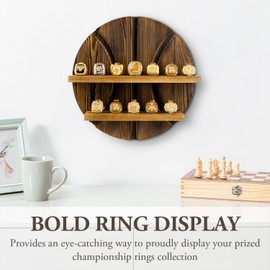 MyGift 2 Tier Wall Mounted Rustic Burnt Solid Wood Sports Championship Ring Holder with Basketball Cutout Backing, Jewelry Storage Display with 12 Pegs