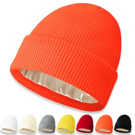 NPQQUAN Satin Lined Beanie for Women Winter Warm Silk Lining Soft Cuffed Knit Beanie Hats for Women Skull Cap Orange