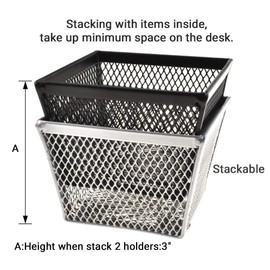 Hahiyo Stackable Paper Clip Mesh Holder Cup 2.2" Height 4 Pack Sturdy Paperclip Holder Container for Desk Drawer Organizer Collection for Home Office School Black Silver Soft Foam Feet No Sharp Edges