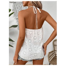 SHENHE Women's Eyelet Tank Tops Open Back Lace Wrap V Neck Halter Summer Vacation Boho Top White Medium