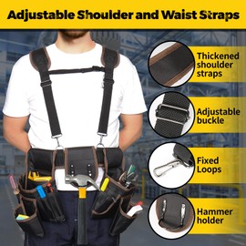Tool Belt,Professional Tool Belts for Men with Suspenders,18 Pockets Heavy Duty Tool Pouch,Heavy Duty Detachable Adjustable Utility Belt Work Bags for Electrician,Carpenter (Brown, Large)