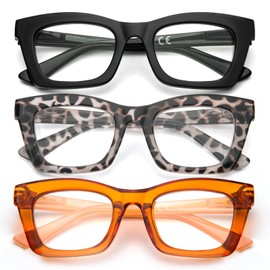 prtcslwd 3 Pack Reading Glasses for Women Oprah Style Oversized Square Spring Hinge Blue Light Blocking Glasses (3PC-Black/BlackpinkTortoiseshell/Brown Jelly, 3.00, multiplier_x)