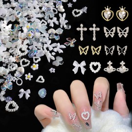 320Pcs White Butterfly Planet Heart Star Cross Nail Rhinestones Charms 3D Alloy Pearl Nail Charms Bow Flower Nail Charms for Manicure DIY Craft Jewel Accessories