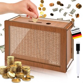 Swetfela Money Box 5000 Euro, Wooden Money Box with Counter, Reusable Money Box, Money Box for Adults and Children