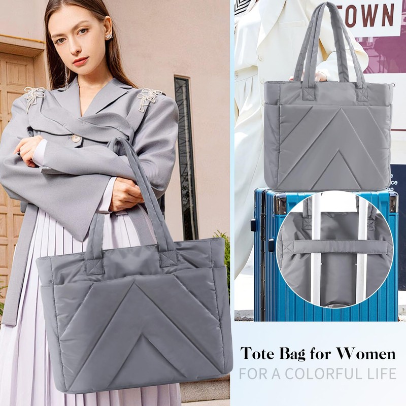 Keureedg Tote Bag for Women, Puffy Work Handbag with Zipper