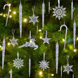 Christmas Tree Decorations 22PCS Crystal Christmas Ornaments for Tree, Hanging Acrylic Christmas Snowflake Icicle Clear Christmas Tree Ornaments for Winter New Year Party Supplies Home Decor