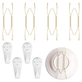 4 PCS Plate Hanger for Wall,Stainless Steel 6-8 Inch W Shaped Wall Plate Hangers with 4 Hooks,Plate Hangers for Walls,Invisible Spring Hook Holder for Antique Arts Decorative(Golden)