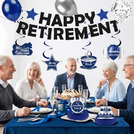 10pcs Police Retirement Party Decorations for Men Women Silver Blue Happy Retirement Banner Balloons Hanging Swirls Table Honeycomb Centerpieces Retired Decorations Supplies for Going Away Party