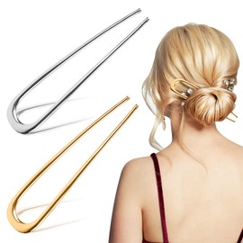 Pack of 2 U-Shaped Hair Pins, French Hair Pins, Large, U-Shaped French Hair Pin Made of Metal, Hair Bow, Hair Fork, Hair Sticks, Hair Accessories for All Hair Types of Women and Girls (Gold, Silver)