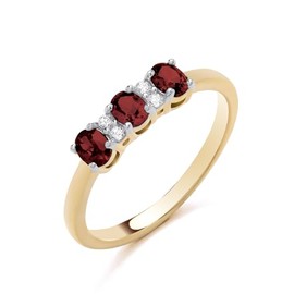 Old English Jewellers 9ct Yellow Gold on Silver Ruby Cz 3 Stone Trilogy Promise Ring size K L M N O P Q R S - JULY BIRTHSTONE (M)