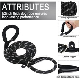 BOOEUDI Dog Leash, 5 FT Heavy Duty Dog Leash, Durable Premium Quality Strong Training Rope Slip Leash with Comfortable Padded Handle and Highly Reflective Threads for Small Medium and Large Dogs