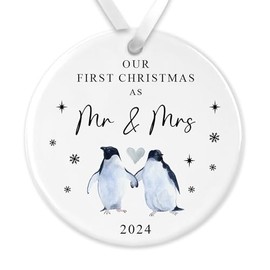 "First Christmas as Mr & Mrs" Watercolour Penguin Design Ceramic Bauble - Ideal Keepsake for Newlyweds' 1st Christmas Married