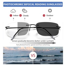 UXAOSVME Rimless Transition Photochromic Bifocal Reading Glasses For Men and Women UV Protection Sunglasses Readers Titanium 2.0