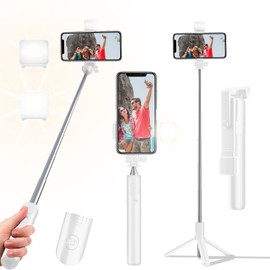 Bollove Selfie Stick Tripod, 40 in Retractable Tripod for iPhone with Wireless Remote Control & Light, Portable Phone Tripod for Photograph, Live Streaming, Video Recording, Compatible with All Cellphones