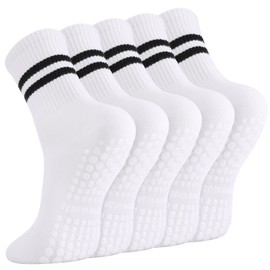 Guiqulai 5 Pairs Pilates Socks Grip Socks for Women, White Crew Socks in Cotton Non Slip for Yoga, Ballet, Dance, Hospital