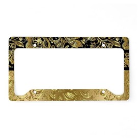 CafePress Black and Shiny Gold Print Fl License Plate Holder Aluminum License Plate Frame, License Tag Holder