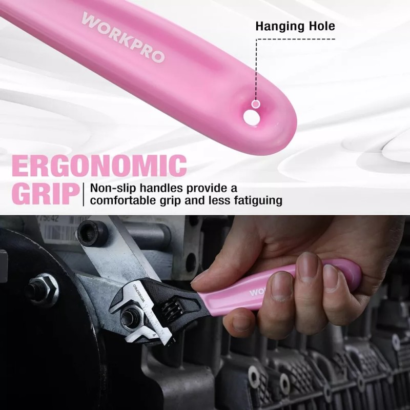 WORKPRO 6-Inch Pink Adjustable Wrench Cr-V Steel Metric & SAE