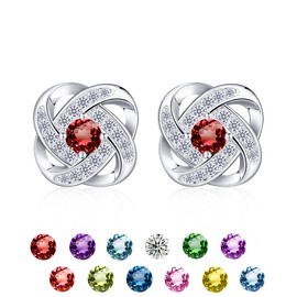Rajputana 925 Sterling Silver Earrings Birthstone Earrings Love Knot Earrings Hypoallergenic Twelve Birthstone Cubic Zirconia January Earrings Sliver Studs for Women Jewelry Gift