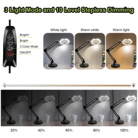 Zhiwei 10x Magnifying Glass with Light and Stand, 3 Color Modes 10 Stepless Dimmable LED Lighted Desk Lamp, Adjustable Swing Arm, Suitable for Repair, Reading, and Close Range Work. (Circle, 1, 1)