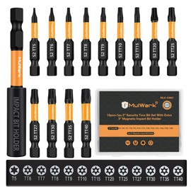 MulWark 2" Torx Bits 14pcs T5-TT40 Torx Socket Set - S2 Steel Security Torx Bit Set with Magnetic Bit Holder