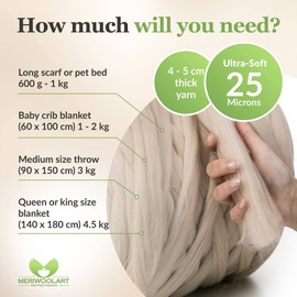 MeriWoolArt® 100% XXL Merino Wool Yarn, 4-5 cm Thick, Felting Wool, Dry Felting, Wet Felting, DIY Chunky Wool Yarn Blanket, Baby Wool, Arm Knitting Blanket Yarn, Light Beige, 500 g