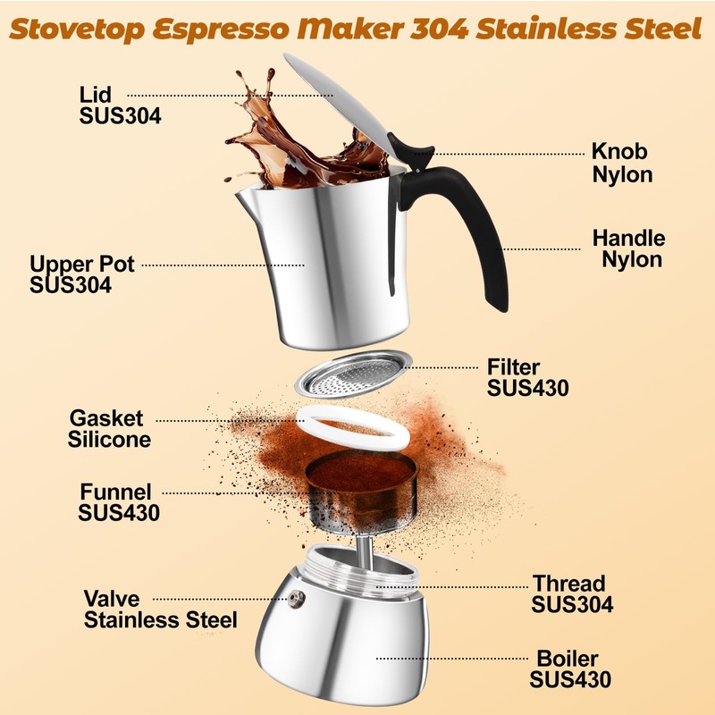 Vaolvpant No Coating 9 Cup Thickened 304 Stainless Steel Moka