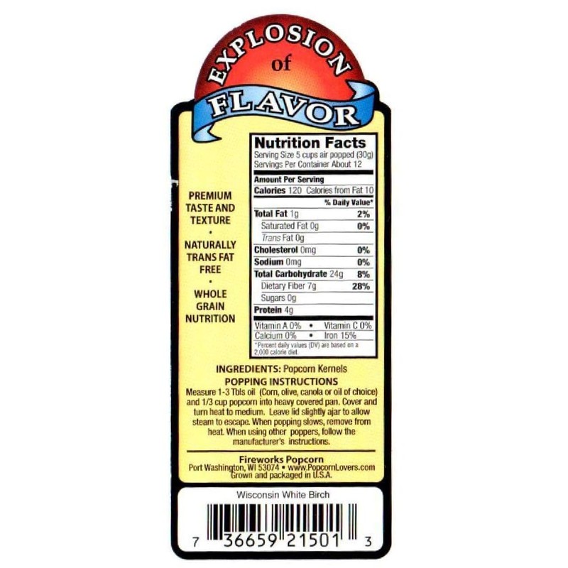 Fireworks Organic Popcorn Kernels - Wisconsin White Birch Gourmet Heirloom