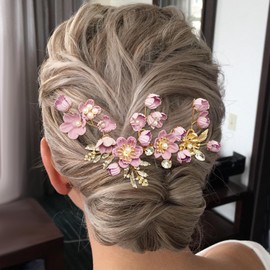 PRETTYLIFE Pink Flower Hair Accessories Set 4pcs Bridal Floral Rhinestone Pearl Gold Leaf Vine Hair Combs Pins Pieces for Wedding Prom