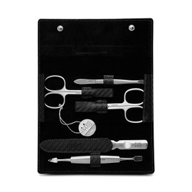 nippes Solingen Premium Line Carbon Manicure Set, 5 Pieces, Stainless Steel, Rust- and Nickel-Free, Cowhide Leather Case with Zip, Black, Nail Care Set, Pedicure Manicure, Made in Germany