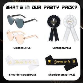 6 Pcs Bachelorette Party Accessories with Fashion Heart Sunglasses, White Bride to Be Sash Badge, Black Groom to Be Sash Badge for Engagement Wedding Bridal Shower