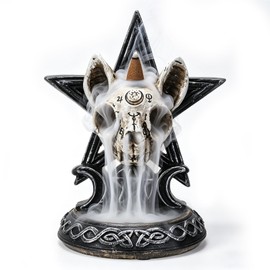 Cat Skull Backflow Incense Burner – Occult Mystic Ouija Incense Cone Holder with Triple Moon Pentagram for Wiccan Altar Gothic Witch Decor, Witch Wicca Gift, 6.25 Inch High