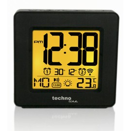 Technoline Sprechender Funkwecker WT 330 mit Ansage von Uhrzeit und Temperatur sowie Innentemperaturanzeige, 10.2 x 3.2 x 9.8 cm, Schwarz