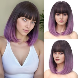Lady Miranda Purple Bob Wig with Bangs Short Straight Bob Wig Middle Part with Bangs Bob Hair Wigs Synthetic Grey to Purple Bob Wigs for Women Daily Party Wig for Women