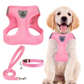 PUPTECK Adjustable Dog Harness Collar and Leash Set Step in No Pull Pet Harness for Small Medium Dogs Puppy and Cats Outdoor Walking Running, Soft Mesh Padded Reflective Vest Harnesses
