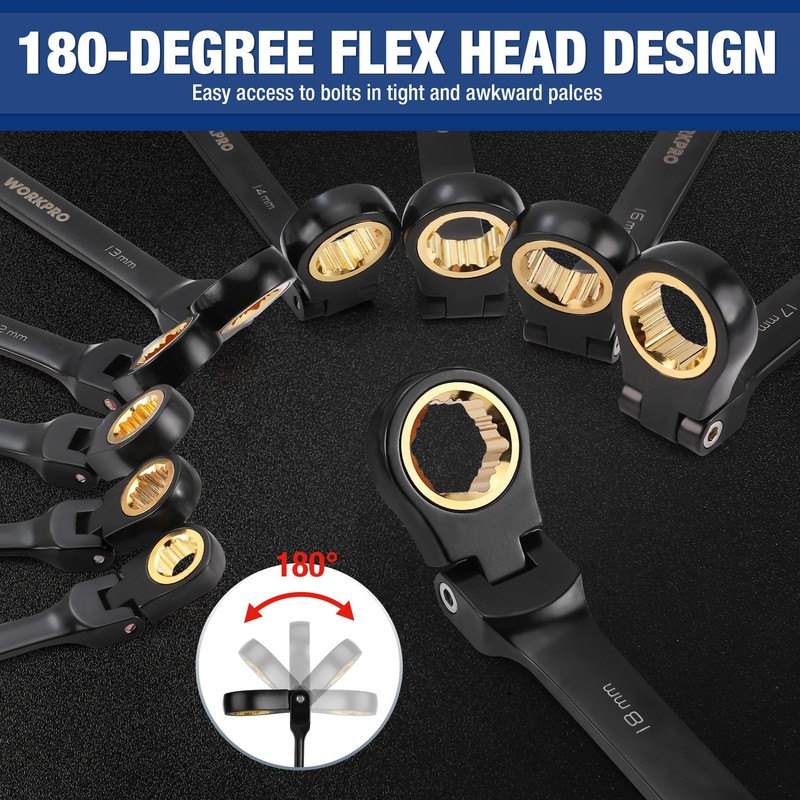 WORKPRO 22-piece Ratcheting Wrench Set with 180° Flex Head, Anti-Slip