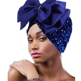 Urieo Gorro de lentejuelas turbante con lazo para la cabeza, para mujer, color azul, Azul