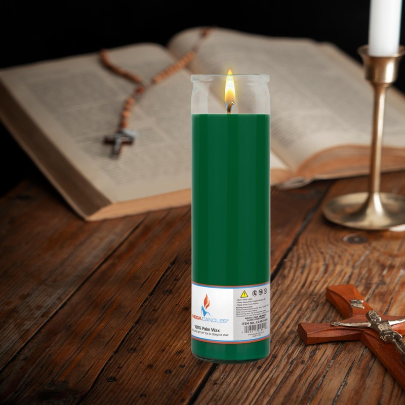 Mega Candles 1 pc Unscented Green Glass Container Devotional Prayer