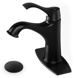 HGN Bathroom Faucets, Single Handle 1 Hole Matching Pop Up Drain Stopper Supply Lines Hose for Sink, Farmhouse, Spout, Lavatory, Vanity and Deck Mount (Matte Black, with Pop Up Drain)