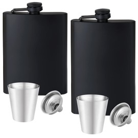 GADIEDIE 2 pcs Hip Flask for Liquor for Men Matte Black Stainless Steel Leakproof Funnel and Cups, with Never-Lose Metal Cap, Drinking Flasks for Wedding Party Gift Outdoor Activities(8Oz+2Pcs Cups)