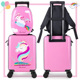 iPlay, iLearn Unicorn Kids Luggage, Girls Carry on Suitcase, 18" Hardside Travel Luggage Set W/Backpack, Toddler Rolling Luggage W/ 4 Spinner Wheels, Children Holiday Birthday Gift