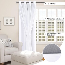 XWZO White Double Layer Curtains, 100% Blackout Curtains with Sheer Overlay for Nursery, Living Room, Children's Room, Grommet Thermal Insulated Privacy Curtains with Tiebacks, 2 Panels, 52x84