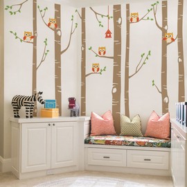 Simple Shapes Birch Tree with Owl Wall Decal - Scheme C - 96" (243 cm) Tall Trees