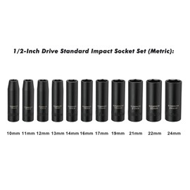 CASOMAN 11 Pieces 1/2-Inch Drive Deep Impact Socket Set, 6-Point, Metric, 10mm to 24mm
