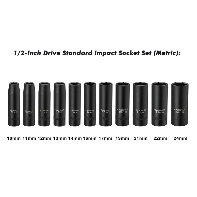 CASOMAN 11 Pieces 1/2-Inch Drive Deep Impact Socket Set, 6-Point,