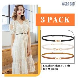 WERFORU Pack of 3 Leather Skinny Women Belt Fashion Women's Thin Leather Waist Belt for Dresses with Gold Buckle, Black, brown, beige