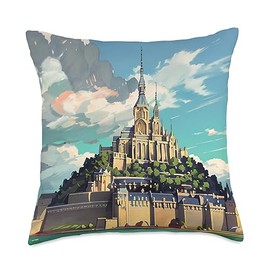 France and Normandy Lovers Designs Le Mont-Saint-Michel Anime Style Beautiful Artwork Gothic Throw Pillow, 18x18, Multicolor