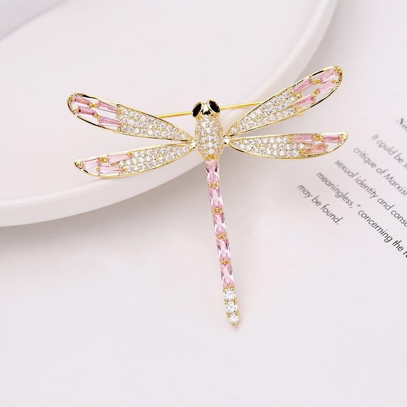 Dragonfly Brooch For Women, Pink & Clear Crystal Gold Tone