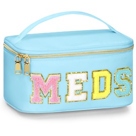 BuyCard Medicines Chenille Letter Bag Nylon Meds Makeup Pouch Preppy Path with Zipper and Handle Cosmetic Toiletry Storage Purse for Women Blue